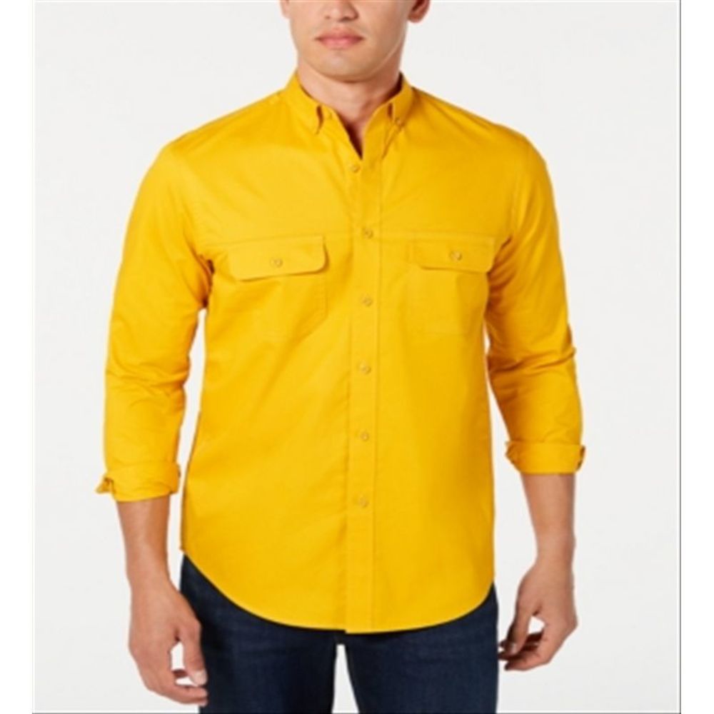Club Room Men's Long Sleeve Camp Button Down Shirt Yellow Size Large